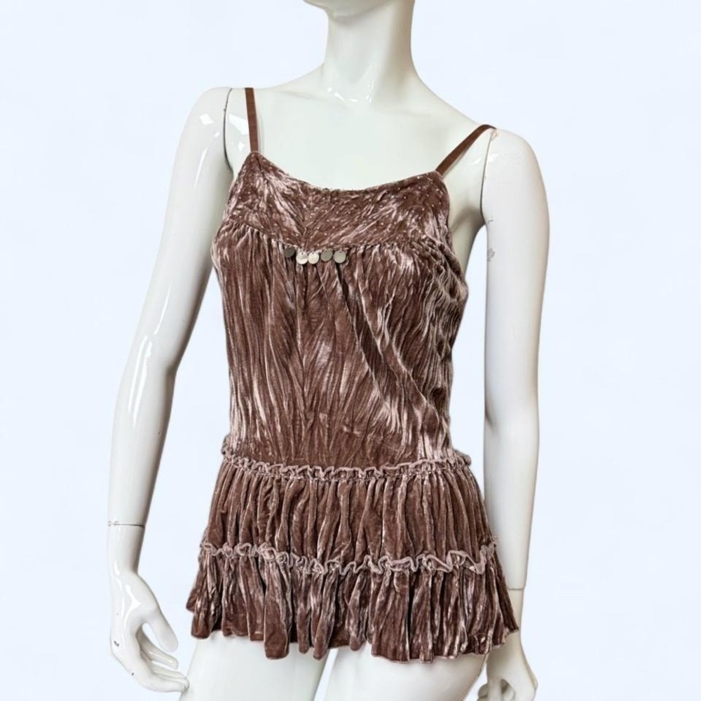 Y2K Italian Crushed Velvet Fairy Cami Boho Ruffle Top Womens S M‎ sequin beaded